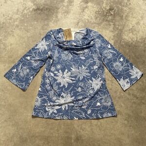 Cydney Mar Womens Size Small Blue Floral‎ 3/4 Sleeve Cowl Neck Tunic
